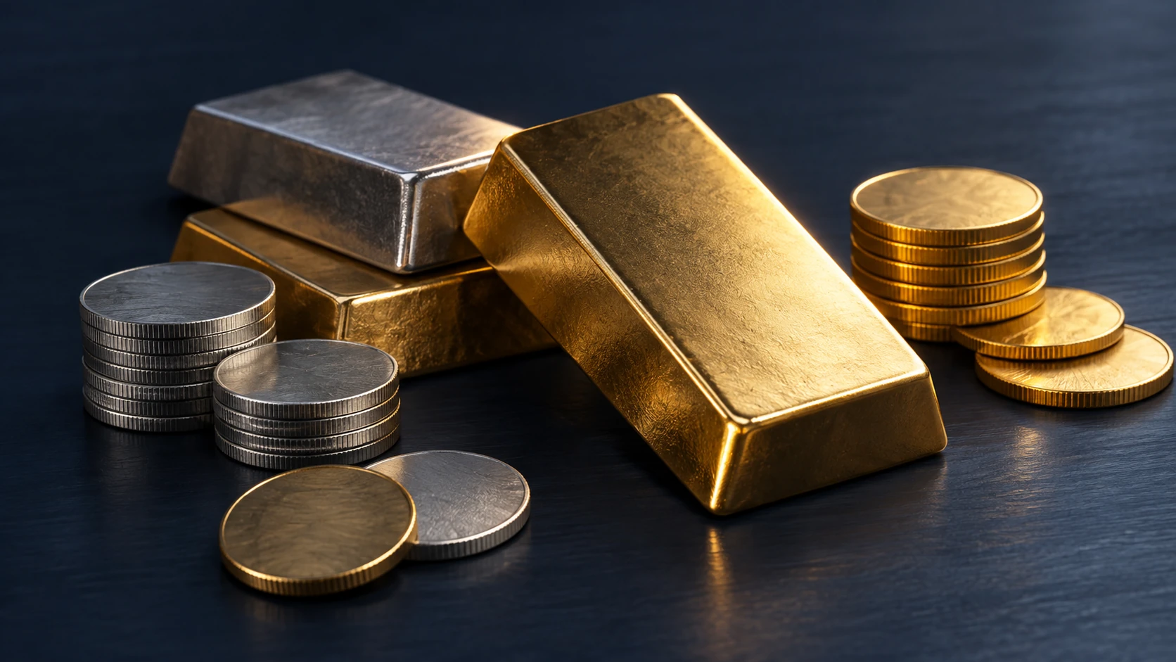 Gold and silver bars and Münzen on a dark background