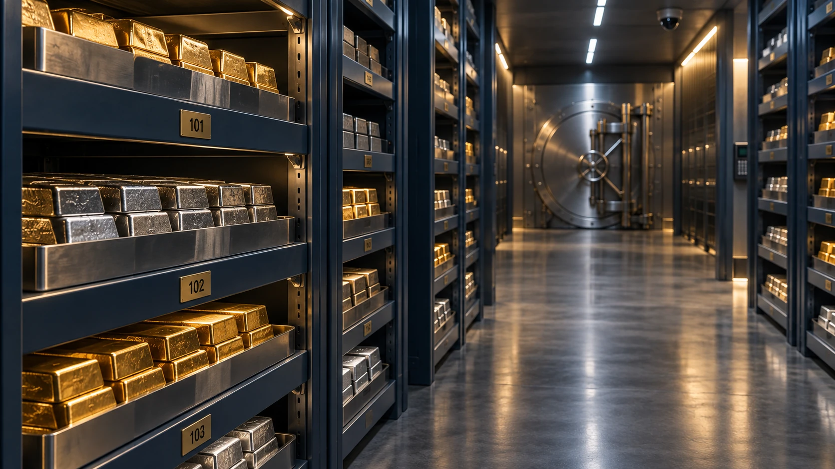 Interior view of a high-security storage facility with metal shelves